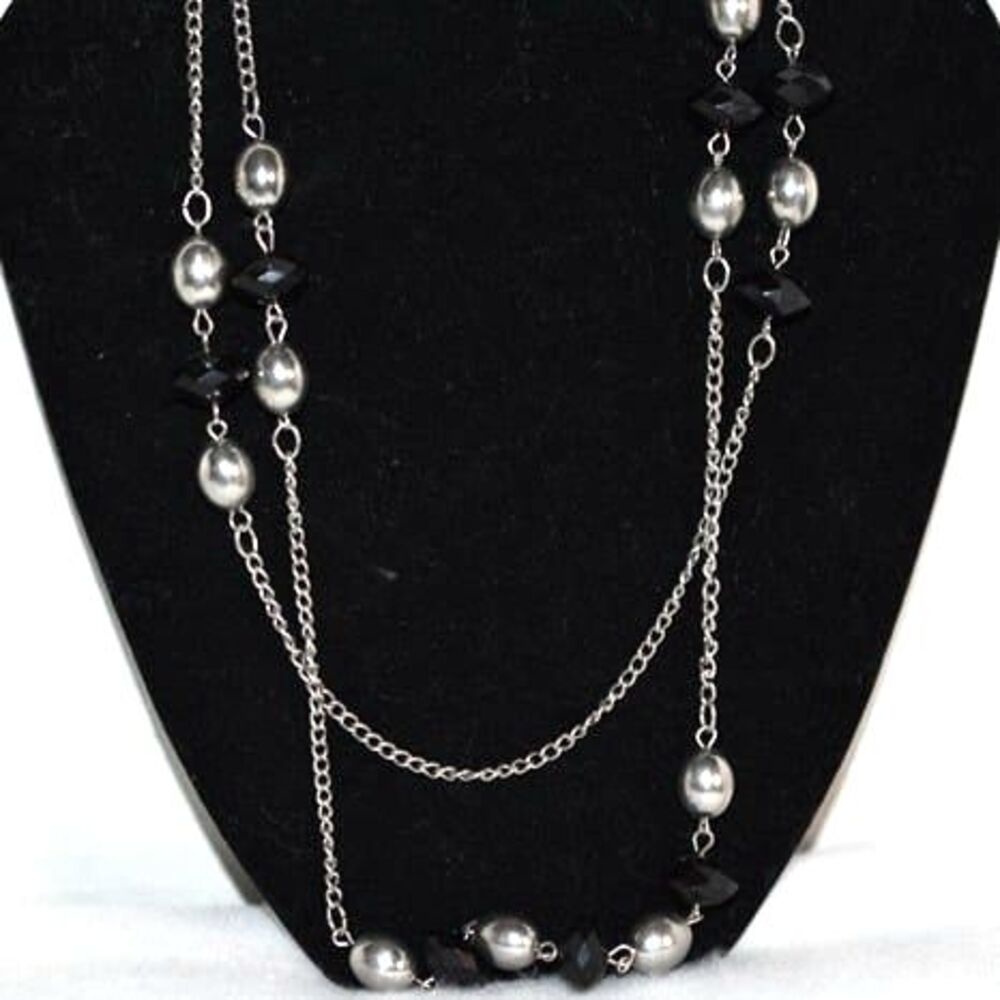 Vintage Double Layer Black/Silver Beads Silver Tone Link Chain Y2K Necklace